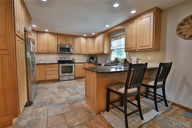 306 Lakewood Dr, Hillsboro, IL 62049 - kitchen with stainless steel appliances, a peninsula, stone finish flooring, recessed lighting, and a kitchen breakfast bar