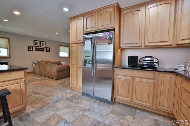 306 Lakewood Dr, Hillsboro, IL 62049 - kitchen featuring stainless steel fridge, light brown cabinets, recessed lighting, and light stone finish flooring