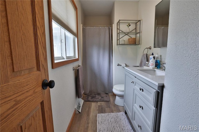 306 Lakewood Dr, Hillsboro, IL 62049 - full bathroom featuring vanity, wood finished floors, toilet, and a shower with shower curtain