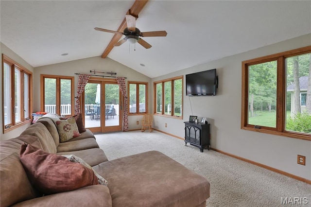 306 Lakewood Dr, Hillsboro, IL 62049 - living area with a wood stove, ceiling fan, light carpet, and baseboards