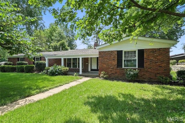 1214 Iron Warrior Ln, Ballwin, MO 63011 - ranch-style home with brick siding, a front lawn, and a chimney