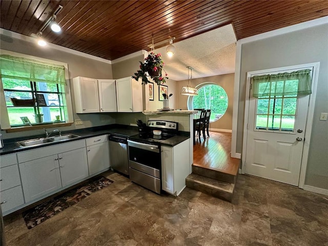 12185 Oak Meadow Dr, Rolla, MO 65401 - kitchen featuring a sink, stainless steel appliances, track lighting, dark countertops, and white cabinetry