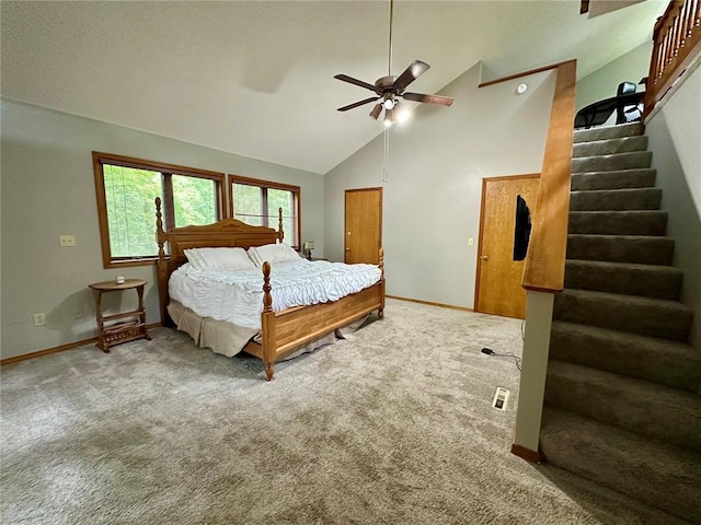 12185 Oak Meadow Dr, Rolla, MO 65401 - bedroom featuring carpet floors, baseboards, high vaulted ceiling, and ceiling fan