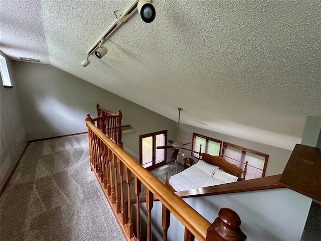 12185 Oak Meadow Dr, Rolla, MO 65401 - staircase featuring a textured ceiling, rail lighting, baseboards, carpet floors, and vaulted ceiling