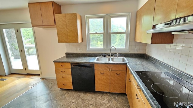 9117 Tiber Ct, Affton, MO 63123 - kitchen featuring black appliances, dark countertops, healthy amount of natural light, and under cabinet range hood