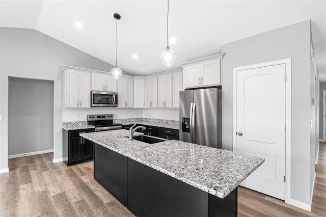 1448 Guilford Pl, Troy, IL 62294 - kitchen with stainless steel appliances, a sink, vaulted ceiling, light wood-type flooring, and backsplash