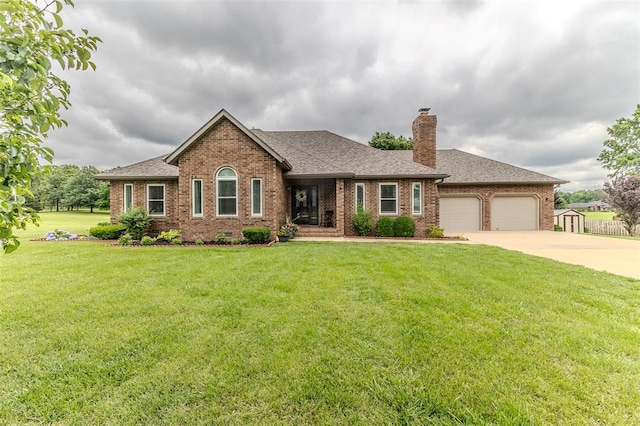 26670 Old Fern Ln, Lebanon, MO 65536 - ranch-style home with brick siding, a chimney, a shingled roof, and an attached garage