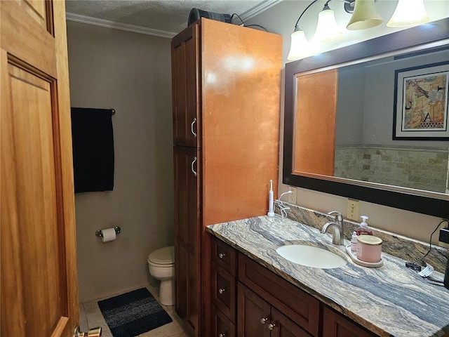 202 Jeremiah, Willisville, IL 62997 - bathroom with vanity, toilet, crown molding, and tile patterned flooring
