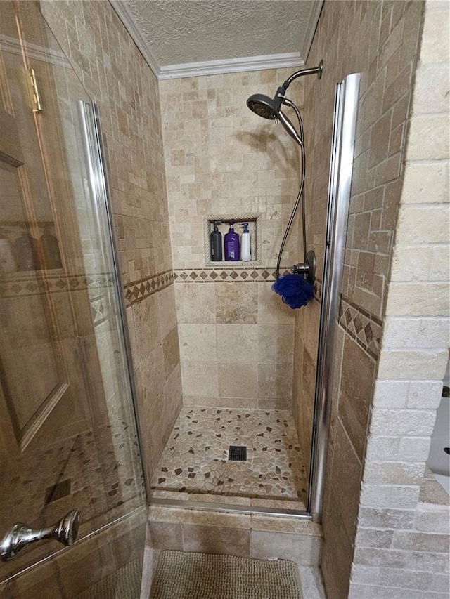 202 Jeremiah, Willisville, IL 62997 - bathroom with ornamental molding, a stall shower, and a textured ceiling