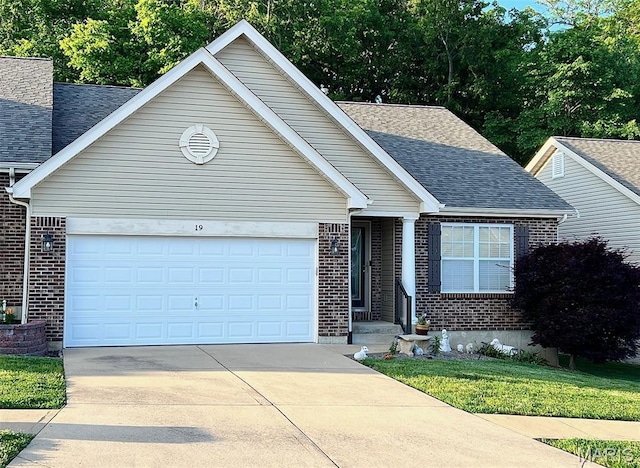 19 Parkville Ln, Festus, MO 63028 - view of front of house featuring brick siding, driveway, an attached garage, and a shingled roof