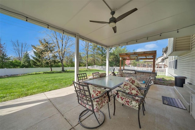 1002 Brook Mont Dr, Ofallon, MO 63366 - view of patio / terrace featuring outdoor dining area, a ceiling fan, and a pergola