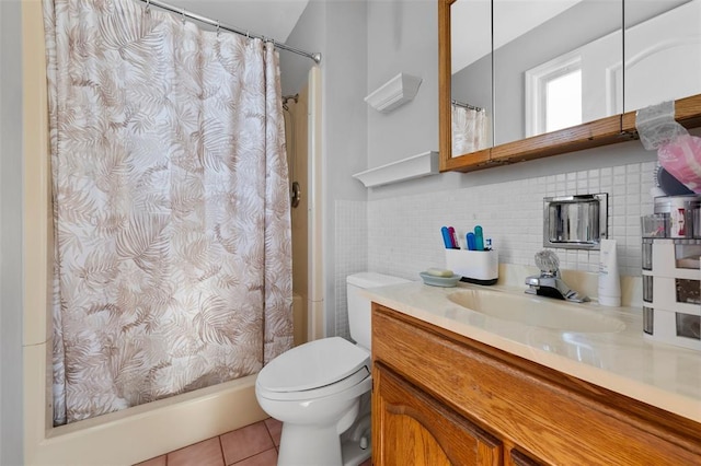 5812 Birch Hollow Dr, Oakville, MO 63129 - bathroom featuring vanity, toilet, tile patterned flooring, tasteful backsplash, and a shower with curtain