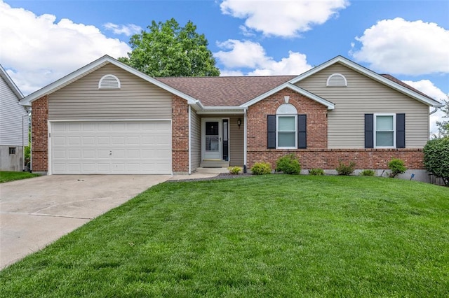 30 Fawn View Ln, Ofallon, MO 63366 - single story home featuring brick siding, a front lawn, driveway, an attached garage, and a shingled roof
