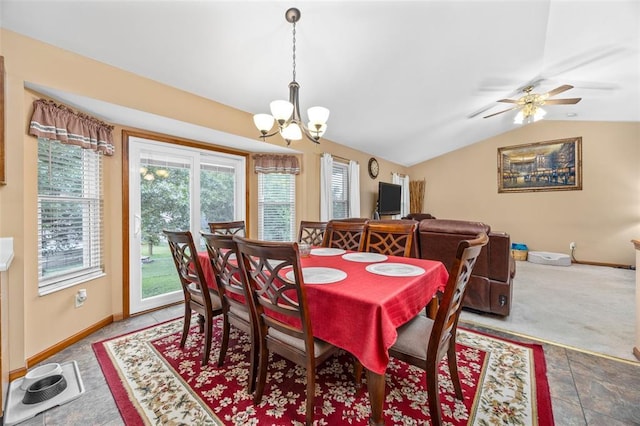 30 Fawn View Ln, Ofallon, MO 63366 - dining space featuring a chandelier, vaulted ceiling, baseboards, and a ceiling fan