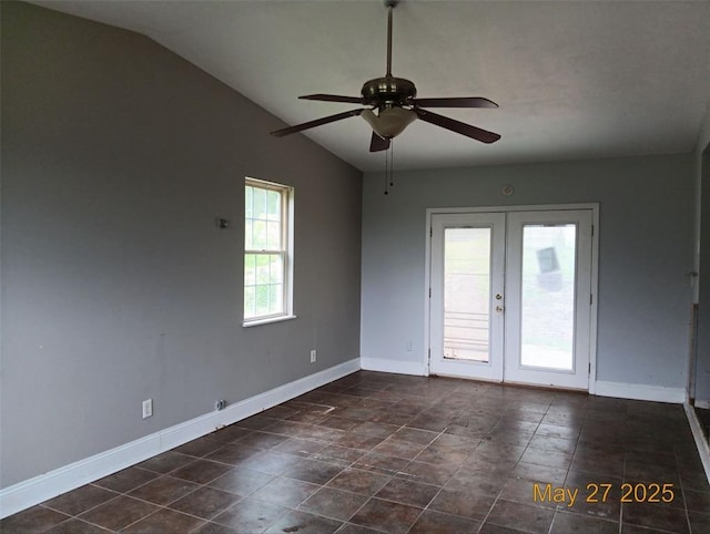 3734 Carol Park Rd, House Springs, MO 63051 - spare room with lofted ceiling, ceiling fan, french doors, and baseboards