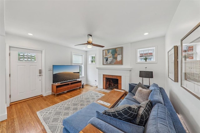 6708 Etzel Ave, University City, MO 63130 - living room featuring plenty of natural light, ceiling fan, light wood finished floors, and recessed lighting