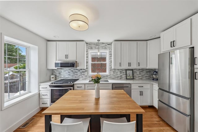 6708 Etzel Ave, University City, MO 63130 - kitchen featuring appliances with stainless steel finishes, wooden counters, backsplash, and white cabinetry