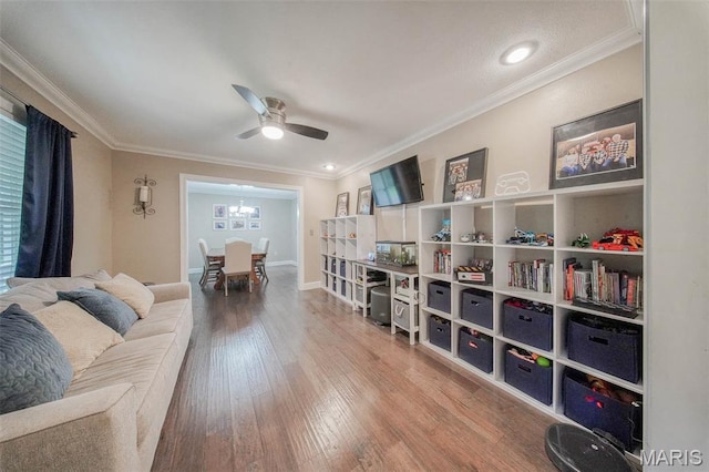1708 Line Ave, Rolla, MO 65401 - sitting room featuring a ceiling fan, ornamental molding, wood finished floors, baseboards, and recessed lighting