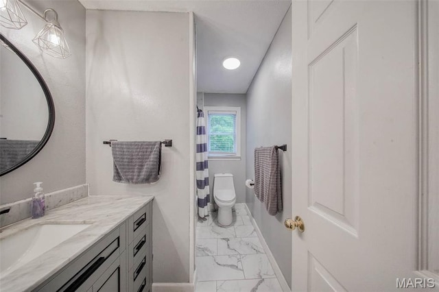 1708 Line Ave, Rolla, MO 65401 - bathroom with marble finish flooring, vanity, toilet, a shower with shower curtain, and baseboards