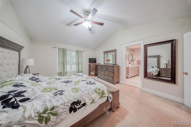 1708 Line Ave, Rolla, MO 65401 - bedroom with vaulted ceiling, carpet, baseboards, ceiling fan, and ensuite bathroom