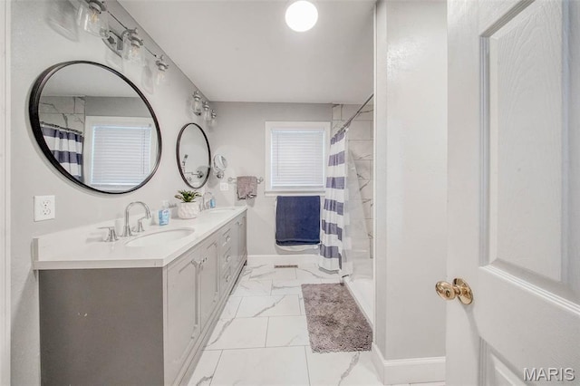 1708 Line Ave, Rolla, MO 65401 - full bathroom with marble look tile flooring, double vanity, a shower with curtain, and baseboards