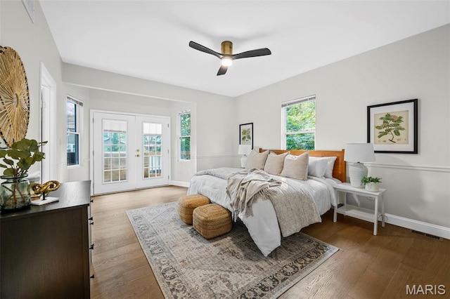 317 Greeley Ave, Webster Groves, MO 63119 - bedroom with french doors, wood finished floors, ceiling fan, and access to outside