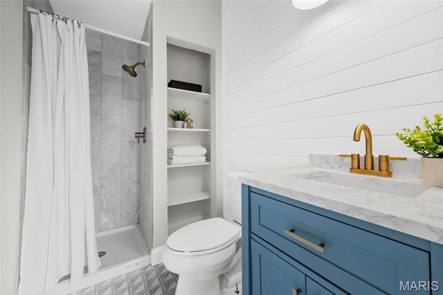 317 Greeley Ave, Webster Groves, MO 63119 - bathroom featuring vanity, a shower stall, and wood walls
