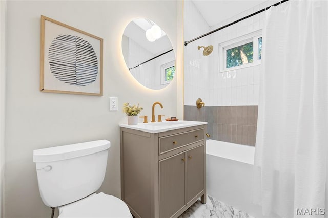 317 Greeley Ave, Webster Groves, MO 63119 - full bathroom featuring vanity, shower / tub combo with curtain, and marble look tiles