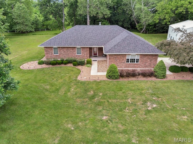 61 Serenity Ln, Troy, MO 63379 - ranch-style house with a shingled roof, a front lawn, and brick siding