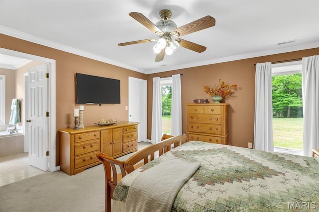 61 Serenity Ln, Troy, MO 63379 - bedroom featuring ornamental molding, a ceiling fan, connected bathroom, and light colored carpet