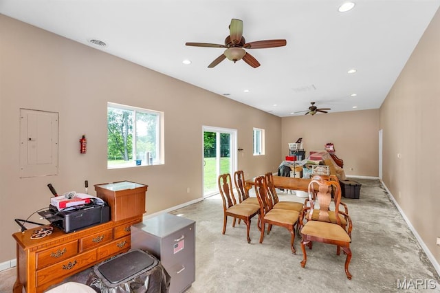 61 Serenity Ln, Troy, MO 63379 - dining area featuring electric panel, ceiling fan, recessed lighting, and baseboards