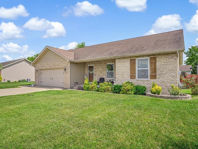 628 Hailie St, Saint Libory, IL 62282 - ranch-style house featuring brick siding, concrete driveway, an attached garage, and a front lawn