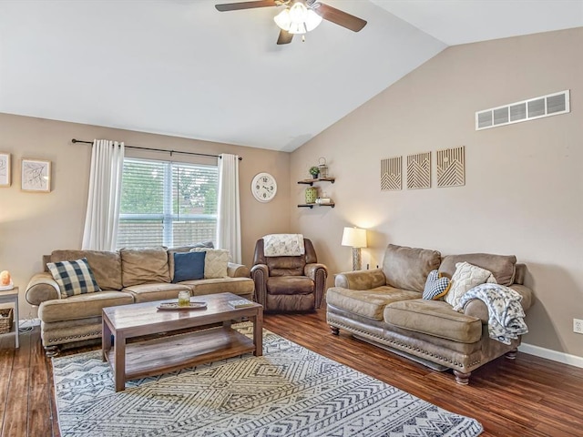 628 Hailie St, Saint Libory, IL 62282 - living area featuring vaulted ceiling, wood finished floors, ceiling fan, and baseboards