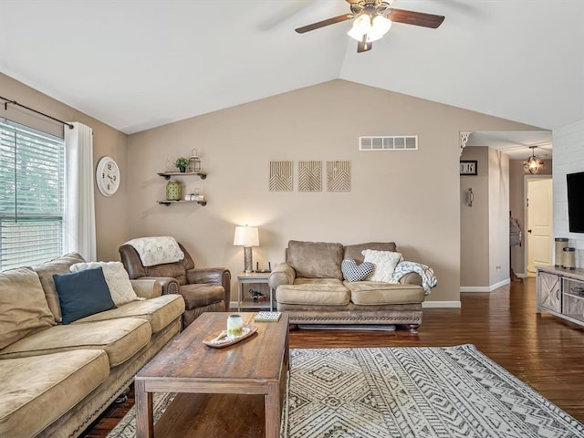 628 Hailie St, Saint Libory, IL 62282 - living room with wood finished floors, a ceiling fan, vaulted ceiling, and baseboards