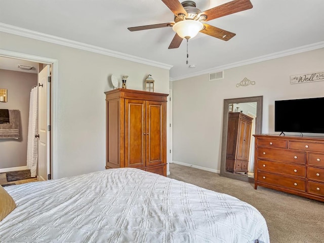 628 Hailie St, Saint Libory, IL 62282 - bedroom with ornamental molding, light colored carpet, baseboards, ceiling fan, and ensuite bathroom