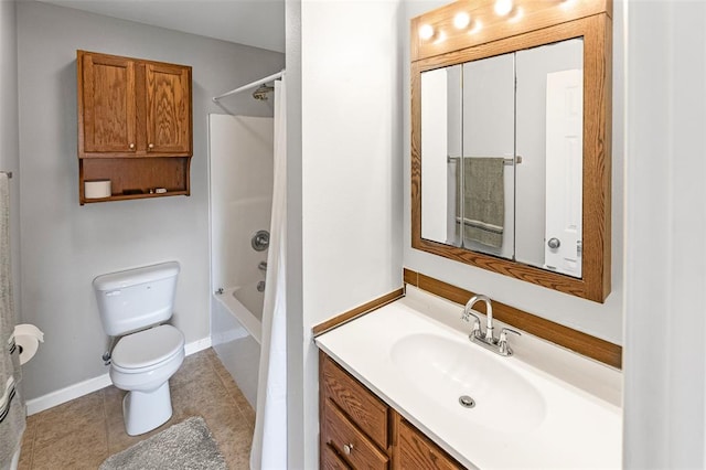 209 S Pence St, East Alton, IL 62024 - bathroom featuring toilet, vanity, baseboards, tub / shower combination, and tile patterned floors