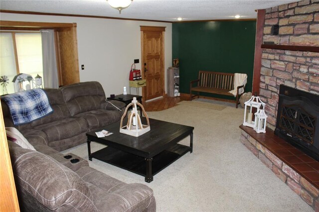 20143 State Highway 34, Piedmont, MO 63957 - carpeted living room with a textured ceiling, a fireplace, and ornamental molding