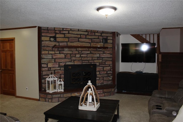20143 State Highway 34, Piedmont, MO 63957 - living area with carpet floors, a textured ceiling, and a stone fireplace