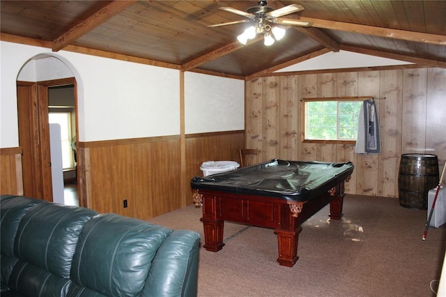 20143 State Highway 34, Piedmont, MO 63957 - game room with wooden ceiling, wooden walls, a wainscoted wall, a ceiling fan, and carpet flooring