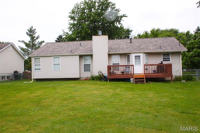 16 S Lang Dr, Ofallon, MO 63366 - back of property featuring a chimney and a wooden deck