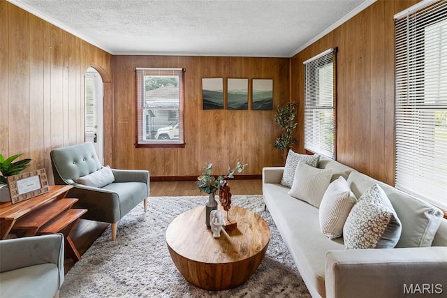 100 Bonds Ave, East Alton, IL 62024 - living room with crown molding, wooden walls, wood finished floors, and a textured ceiling