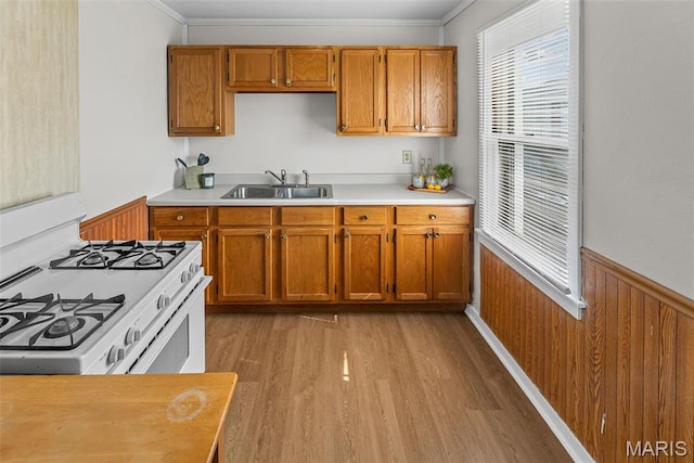 100 Bonds Ave, East Alton, IL 62024 - kitchen featuring a sink, white gas range oven, light wood-type flooring, light countertops, and brown cabinets