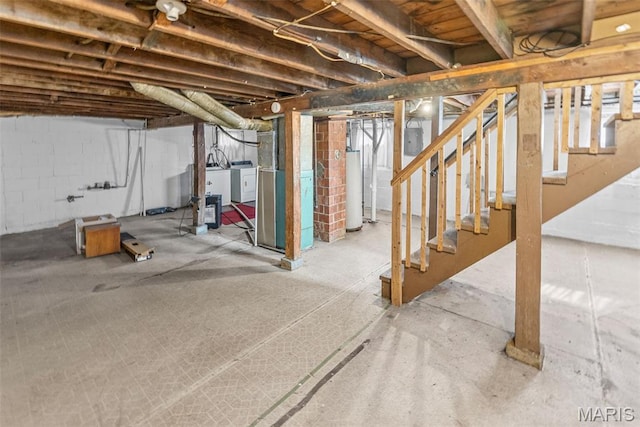 100 Bonds Ave, East Alton, IL 62024 - below grade area featuring stairs, water heater, and washer and clothes dryer