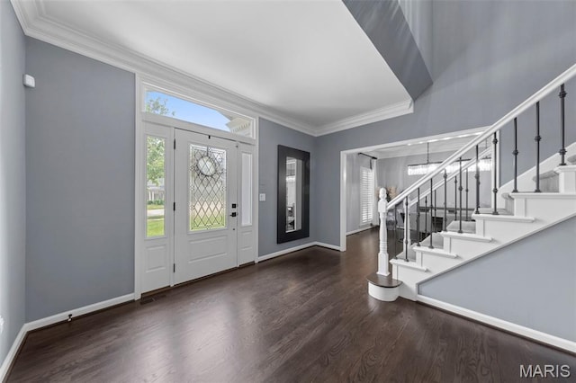 16434 Wilson Farm Dr, Chesterfield, MO 63005 - foyer entrance with wood finished floors, stairway, crown molding, a chandelier, and baseboards