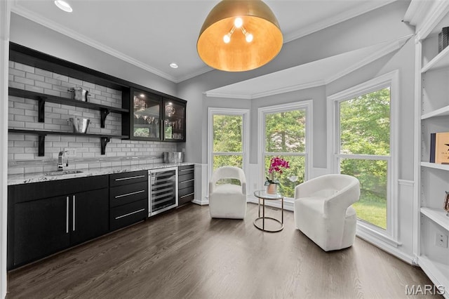 16434 Wilson Farm Dr, Chesterfield, MO 63005 - indoor wet bar featuring beverage cooler, backsplash, dark wood-style flooring, plenty of natural light, and crown molding