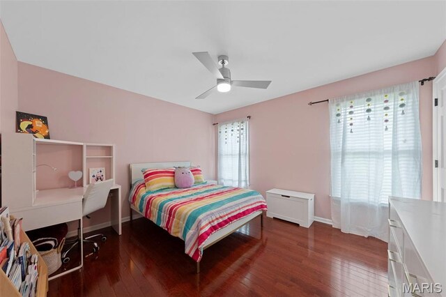 16434 Wilson Farm Dr, Chesterfield, MO 63005 - bedroom featuring hardwood / wood-style floors, baseboards, and a ceiling fan