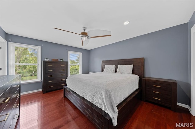 16434 Wilson Farm Dr, Chesterfield, MO 63005 - bedroom featuring baseboards, dark wood-type flooring, ceiling fan, and recessed lighting