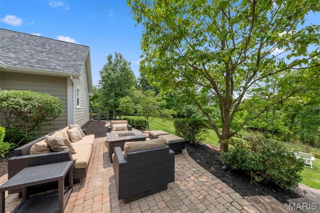 16434 Wilson Farm Dr, Chesterfield, MO 63005 - view of patio with an outdoor living space with a fire pit