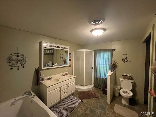 623 County Road 6590, Salem, MO 65560 - bathroom with a stall shower, a bath, double vanity, and toilet