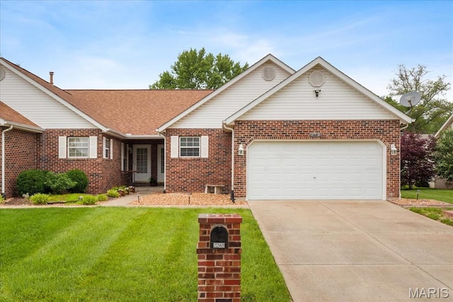 2249 Glenfield Dr, Belleville, IL 62221 - view of front of house with brick siding, a front yard, an attached garage, concrete driveway, and a shingled roof